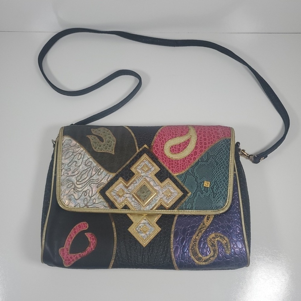 Womens Alentino Faux Leather Bag Purse Multicolor Patchwork Crossbody VTG